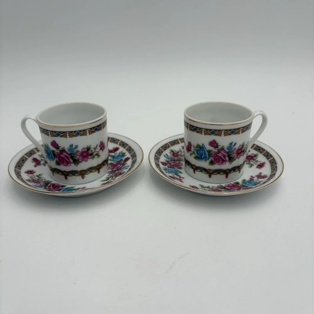 Vtg Porcelain Floral Demitasse Cup & Saucer‎ Espresso Roses 2 Sets Made In China